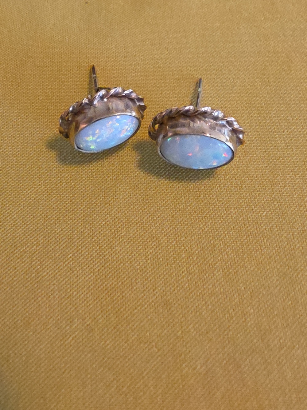Vintage 9 CT Gold & Australian Opal Stud Earrings Set In a Rope Style Border
